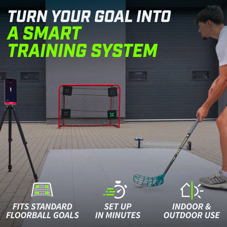 Floorball player shooting at smart XDT targets attached to a goal